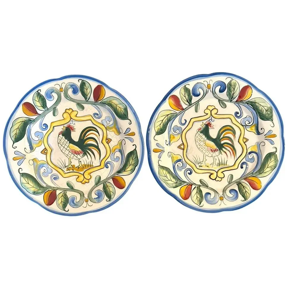 Set Of 2 Fitz & Floyd Ricamo Rooster Motif Salad Plates 8” Hand Painted